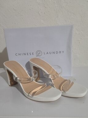 Chinese Laundry Tiffney White Heeled Sandals with Clear Straps